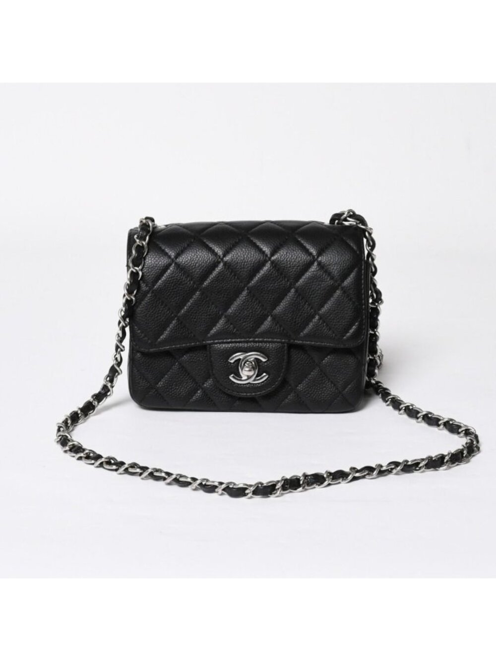 Chanel Mini Quilted Chain Shoulder Bag 17 Caviar Leather Black Silver